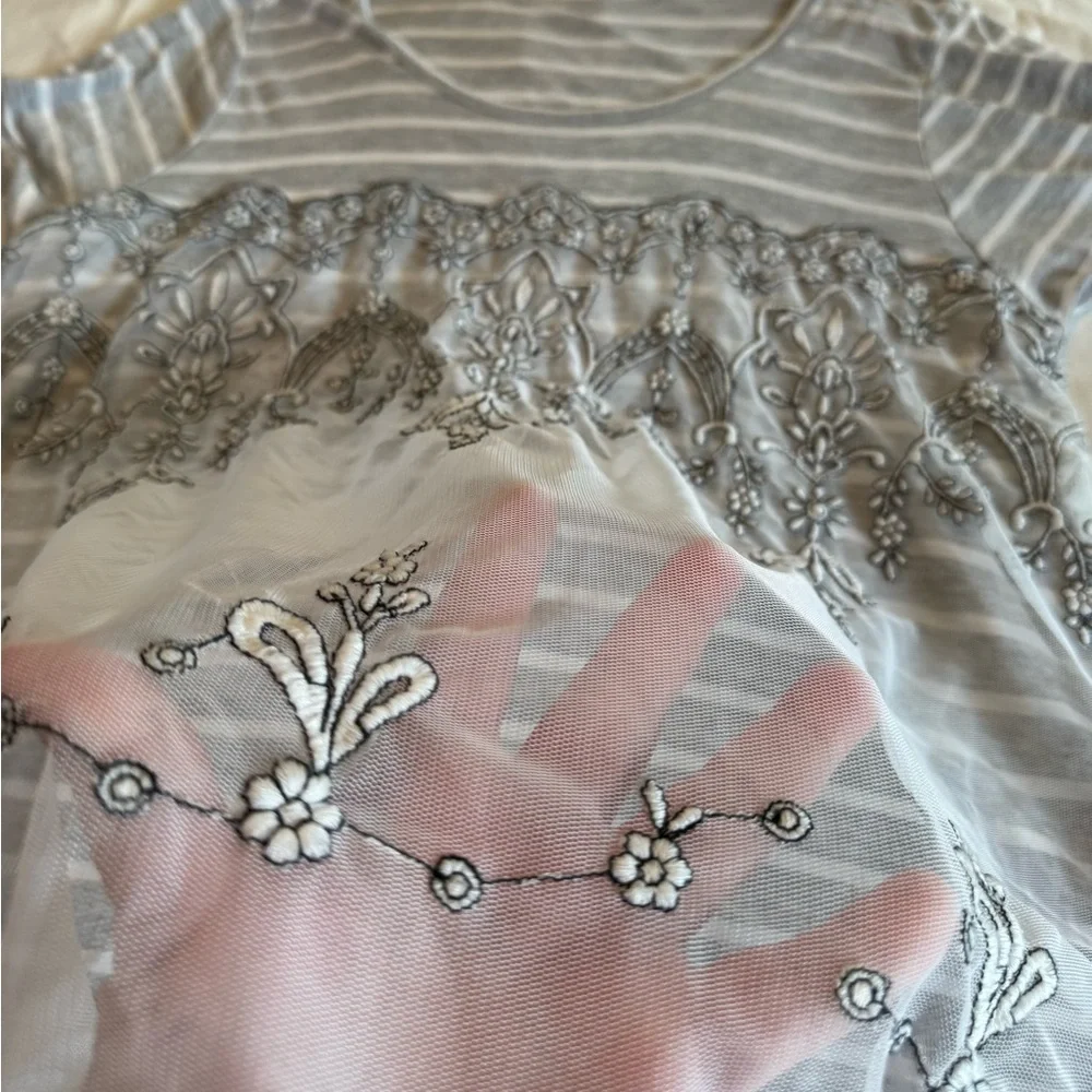 Maurices Gray and White Striped Embroidered Scoop Neck Top with mesh overlay - Picture 3 of 8